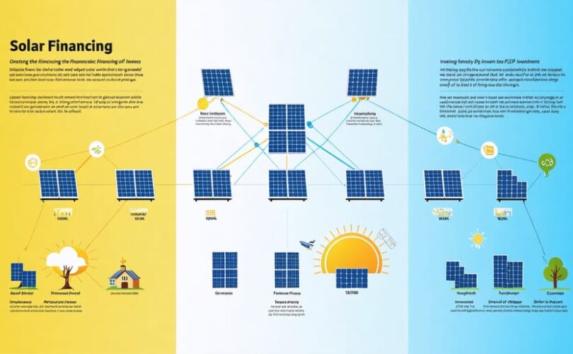 Conceptual infographic illustrating the comparison between traditional solar financing and P2P investment models. It features interconnected nodes representing P2P networks, solar panels, and icons symbolizing various stakeholders in the solar industry.
