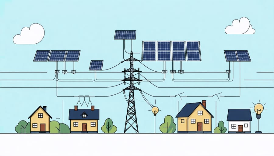 Technical diagram illustrating how multiple solar installations connect to the power grid in a co-op system