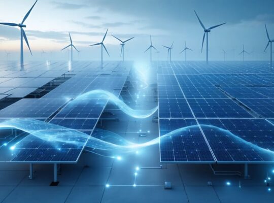 Conceptual illustration of solar and wind energy integration into modern power grid systems, highlighting the transition from traditional to renewable-heavy networks with smart grid technology and energy storage units.