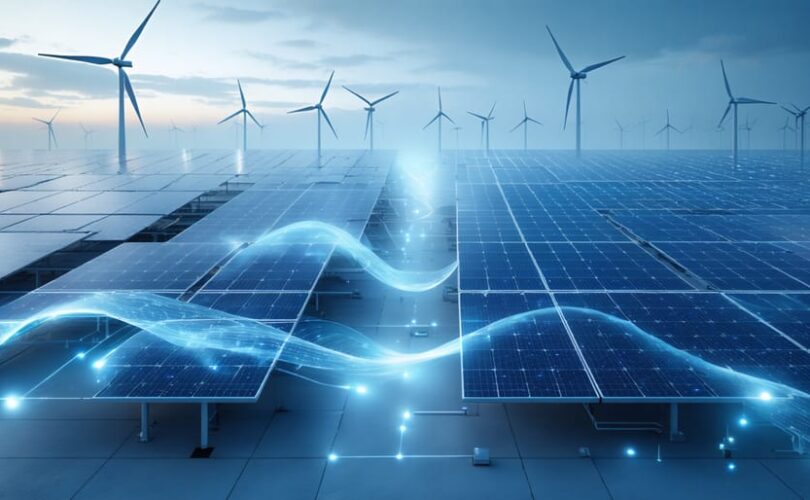Conceptual illustration of solar and wind energy integration into modern power grid systems, highlighting the transition from traditional to renewable-heavy networks with smart grid technology and energy storage units.