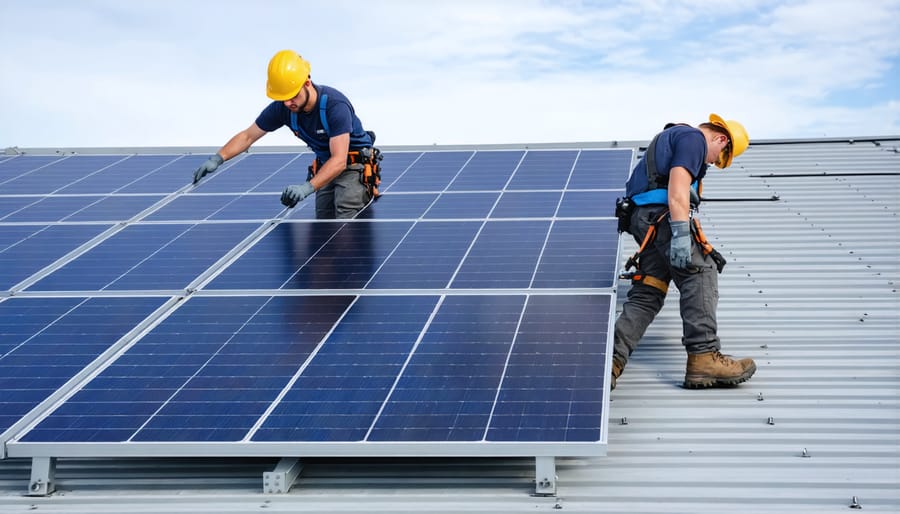 Group of trainees learning solar panel installation techniques on a training roof structure