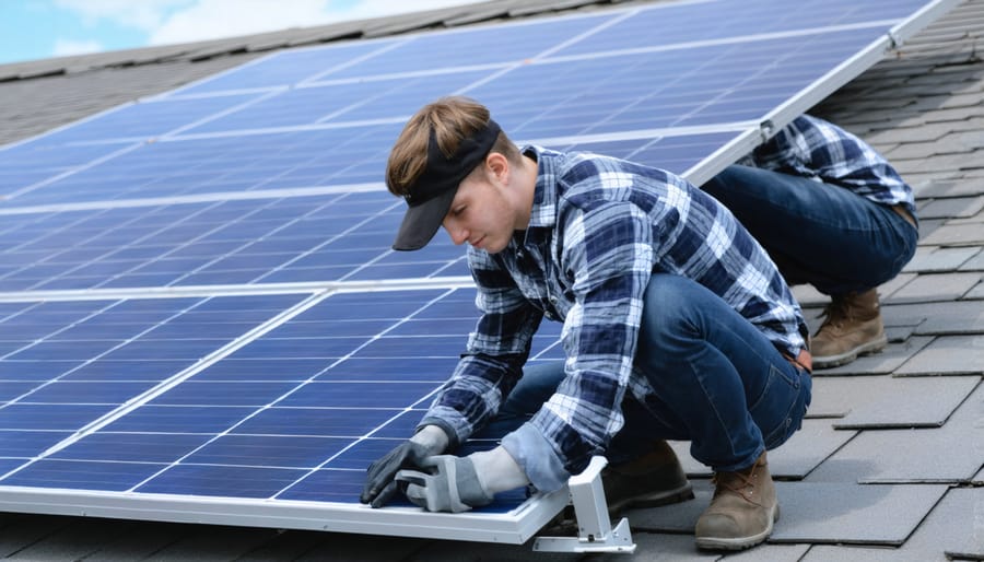 Hands-on solar installation training session with students on practice equipment