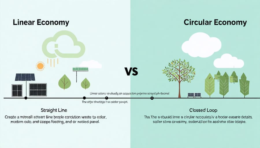 Comparative diagram showing linear vs circular economic models for solar panel lifecycle