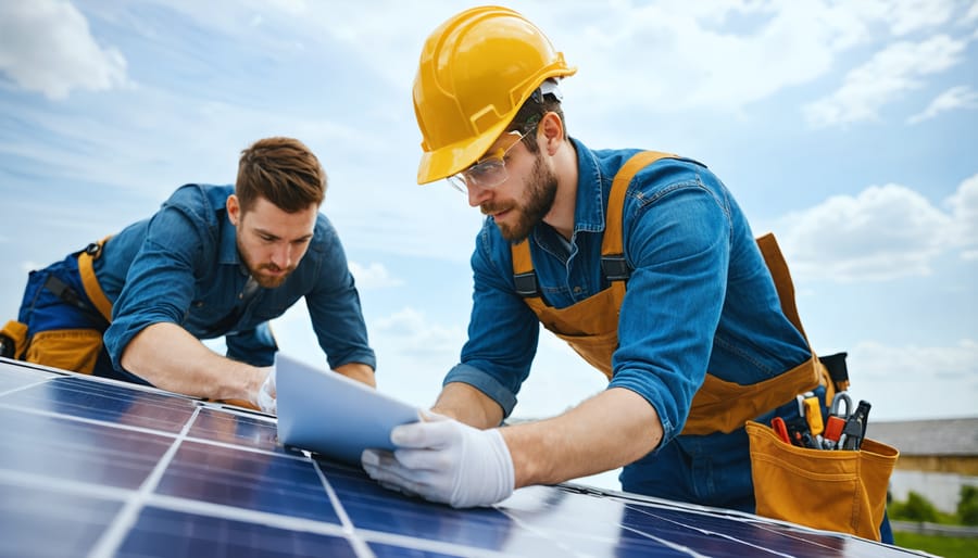 Experienced solar technician guiding apprentice during rooftop solar installation