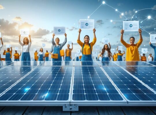 Conceptual digital illustration depicting a network of solar panels and individual investors connected through digital lines, symbolizing the power of crowdsourced microloans in solar energy funding.