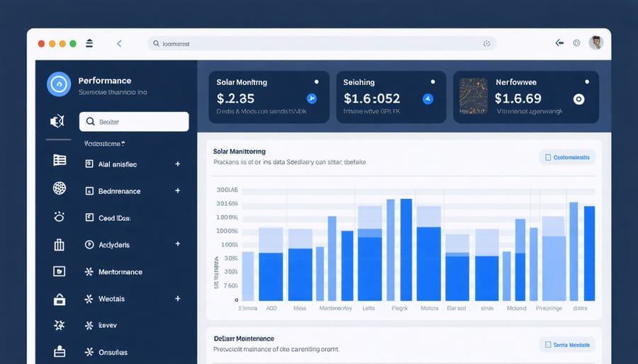 Digital dashboard displaying solar system performance metrics, analytics, and maintenance schedules