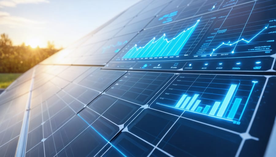 Digital interface displaying various solar energy monitoring parameters and graphs