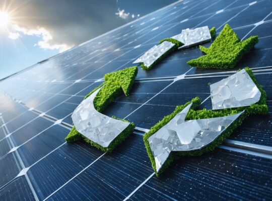 Conceptual illustration showcasing solar panel recycling within a circular economy framework, depicting a solar panel surrounded by recycling symbols and elements representing valuable materials like silver, silicon, and aluminum.