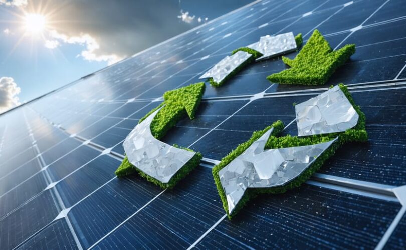 Conceptual illustration showcasing solar panel recycling within a circular economy framework, depicting a solar panel surrounded by recycling symbols and elements representing valuable materials like silver, silicon, and aluminum.