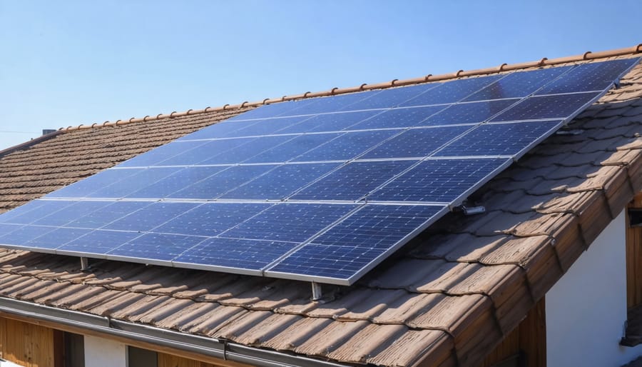 Solar panel installer mounting photovoltaic panels on a residential roof