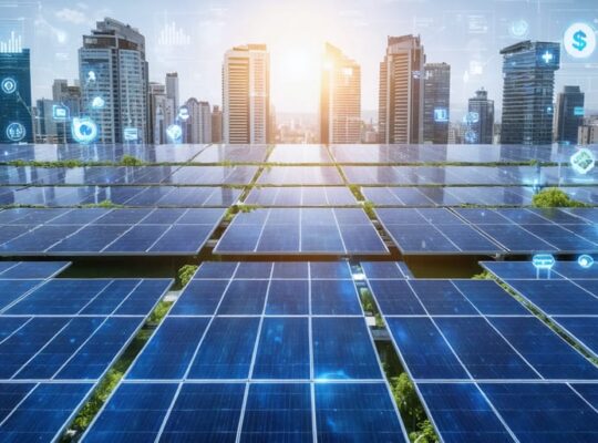 A futuristic city skyline with numerous solar panels capturing sunlight, showcasing the integration of renewable energy into urban infrastructure and representing financial growth opportunities in solar investments.