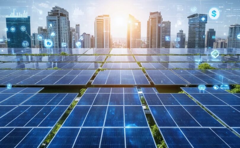 A futuristic city skyline with numerous solar panels capturing sunlight, showcasing the integration of renewable energy into urban infrastructure and representing financial growth opportunities in solar investments.