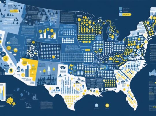 A conceptual map of the United States showing solar tax incentive variations across different states, with graphical overlays representing federal and state tax implications on solar panel installations.