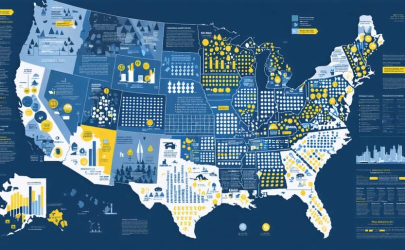 A conceptual map of the United States showing solar tax incentive variations across different states, with graphical overlays representing federal and state tax implications on solar panel installations.