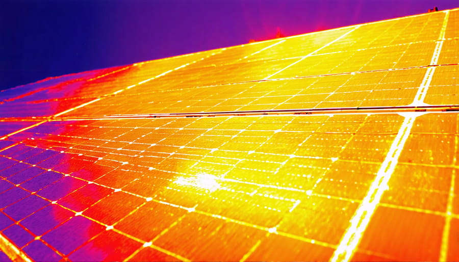Thermal image of solar panels displaying temperature distribution in different colors