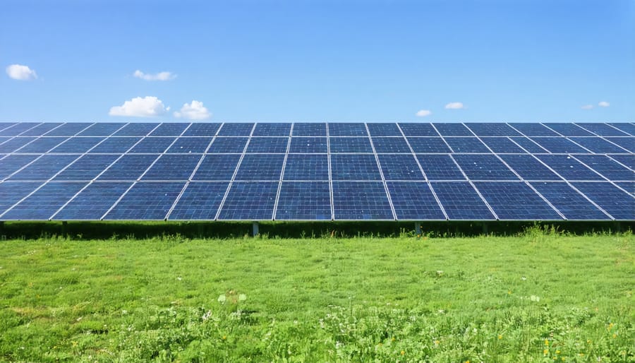 Aerial view of utility-scale solar farm with financing information overlay