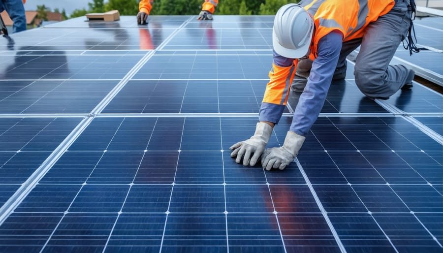 Solar installation team working on community-funded solar project