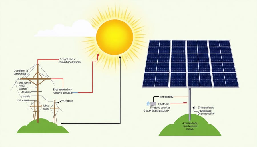 Technical illustration of solar photovoltaic conversion process showing sunlight, semiconductor layers, and electrical output