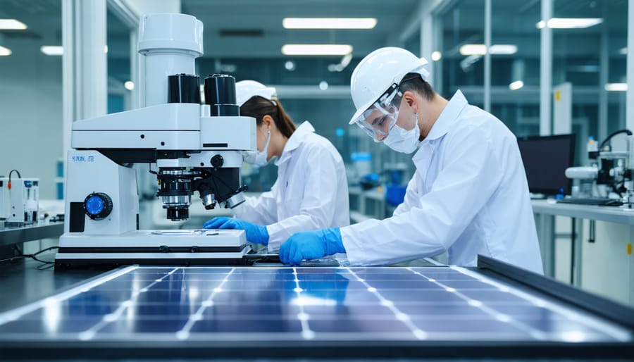 Research team analyzing solar cell efficiency in high-tech testing facility
