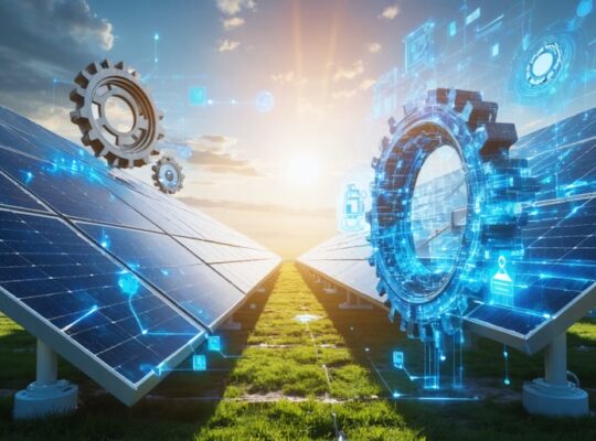 Conceptual illustration of a solar facility transitioning from maintenance to full operation, featuring interconnected gears and digital circuitry over a solar array under the sun.