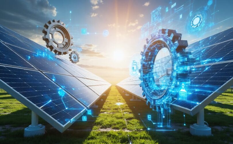 Conceptual illustration of a solar facility transitioning from maintenance to full operation, featuring interconnected gears and digital circuitry over a solar array under the sun.