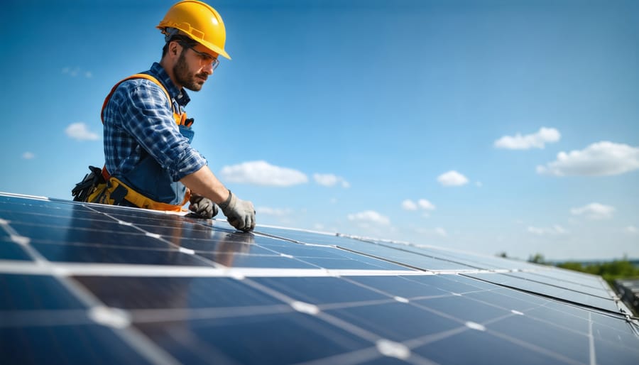 Professional solar installer demonstrating proper safety harness and PPE usage on rooftop