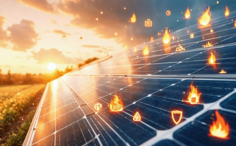 Conceptual illustration of solar panels integrated with fire safety symbols, emphasizing fire protection in photovoltaic systems.