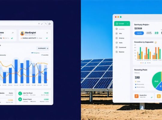 A split-screen image illustrating a crowdfunding platform interface for solar startups on one side, and a thriving solar farm with photovoltaic panels on the other. The image symbolizes the fusion of digital fundraising platforms and clean energy innovation.