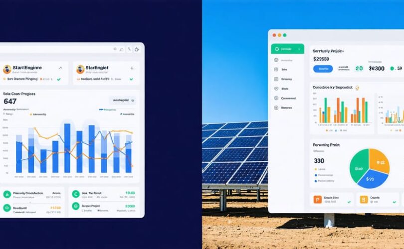 A split-screen image illustrating a crowdfunding platform interface for solar startups on one side, and a thriving solar farm with photovoltaic panels on the other. The image symbolizes the fusion of digital fundraising platforms and clean energy innovation.