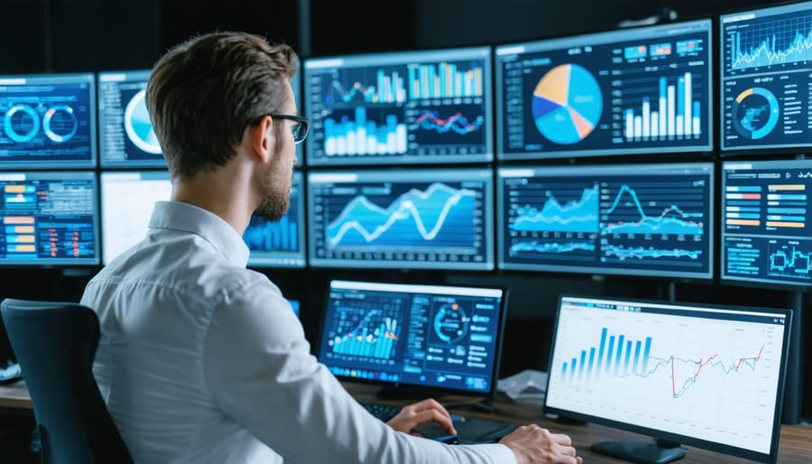 Professional analyzing solar supply chain data on multiple computer screens