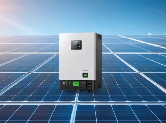 Illustration of a modern 3-phase solar inverter at the center of a solar energy system, with solar panels and grid lines connected, emphasizing grid integration and enhanced performance.