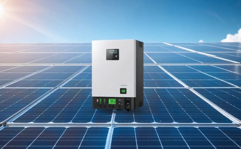 Illustration of a modern 3-phase solar inverter at the center of a solar energy system, with solar panels and grid lines connected, emphasizing grid integration and enhanced performance.