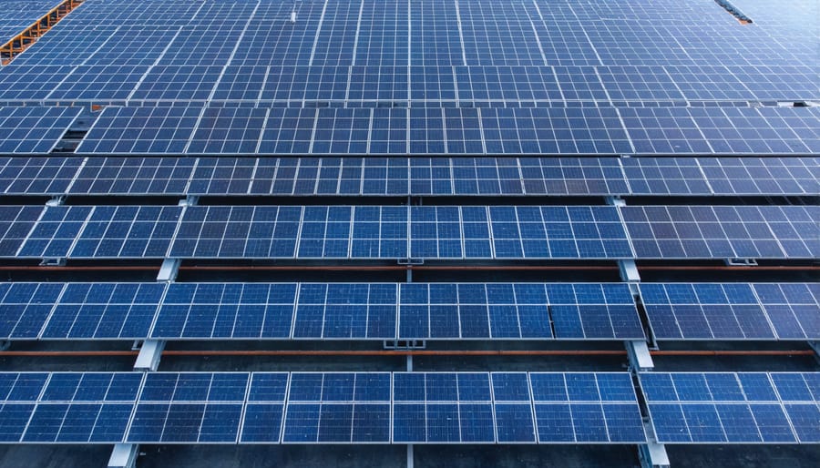 Modern solar panel manufacturing plant with production lines visible through skylights