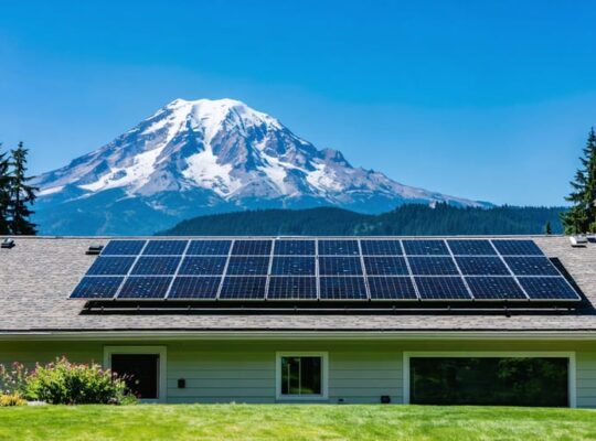 Residential home in Washington state with solar panels on the roof and Mount Rainier visible in the background, representing the integration of solar power and natural beauty.