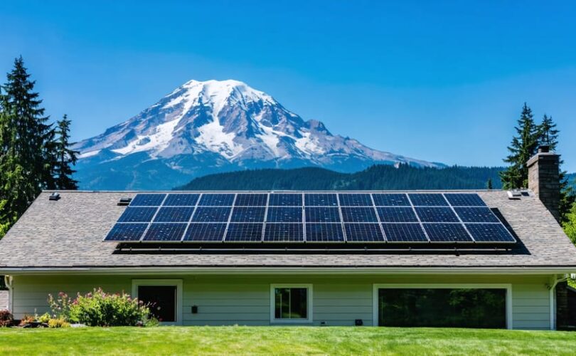Residential home in Washington state with solar panels on the roof and Mount Rainier visible in the background, representing the integration of solar power and natural beauty.