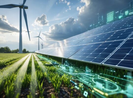 Illustration of a wind-solar hybrid system with a wind turbine and integrated solar panels, set against a diverse weather backdrop symbolizing advanced power management and renewable energy efficiency.