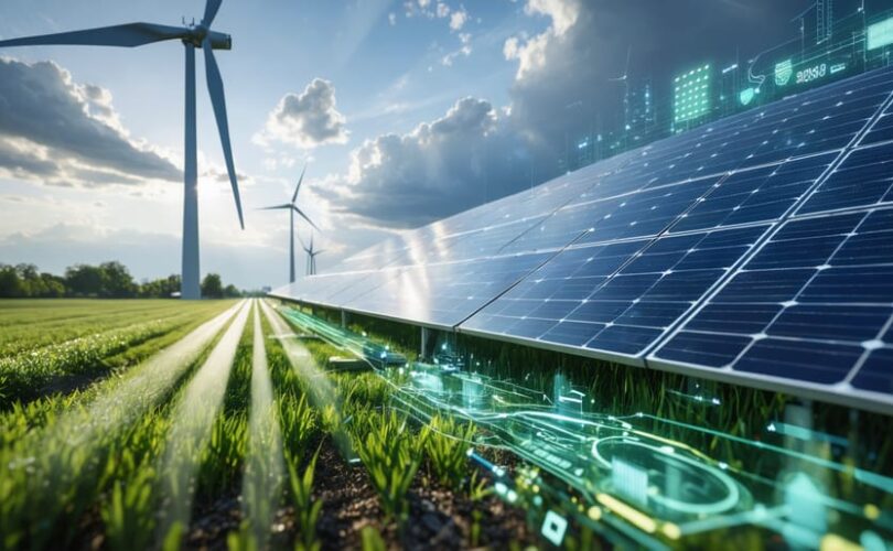 Illustration of a wind-solar hybrid system with a wind turbine and integrated solar panels, set against a diverse weather backdrop symbolizing advanced power management and renewable energy efficiency.