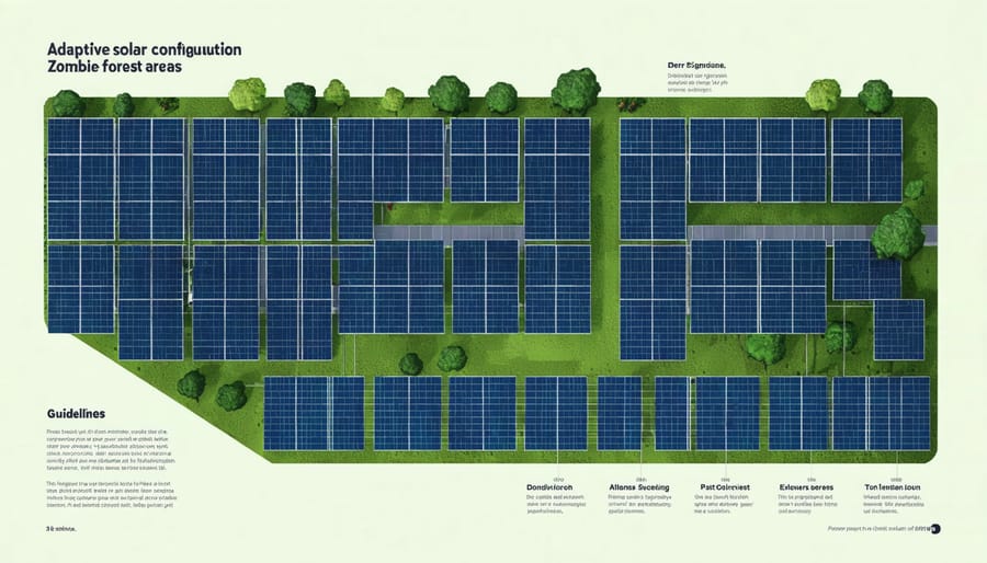 Technical diagram illustrating solar panel placement strategies and protective measures near vulnerable forests