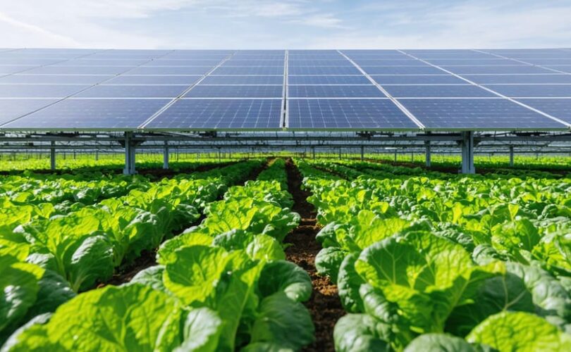 "Solar panels mounted above vegetable rows in a farm setting, illustrating dual-use land potential."