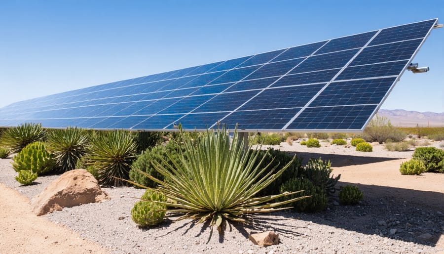 Desert plants growing under angled solar panels in arid environment