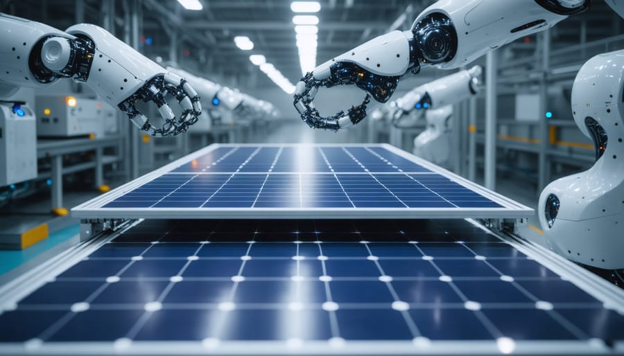 Automated production line with robots handling solar cells in clean room environment