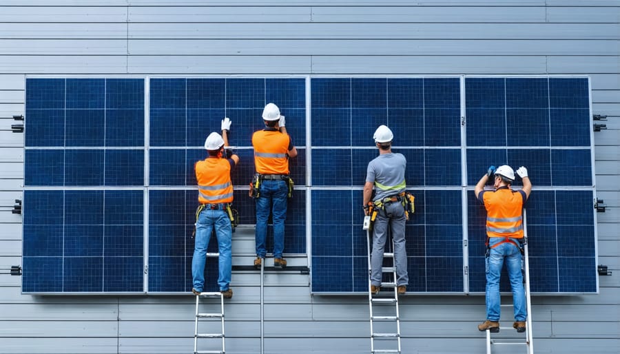 Professional installers securing BIPV panels to building exterior using specialized mounting equipment