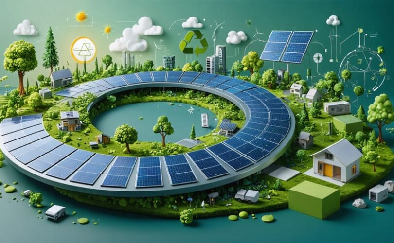 Conceptual illustration of a circular solar panel representing closed-loop manufacturing with elements like recycling and modular design. The image symbolizes sustainable energy production and environmental stewardship.