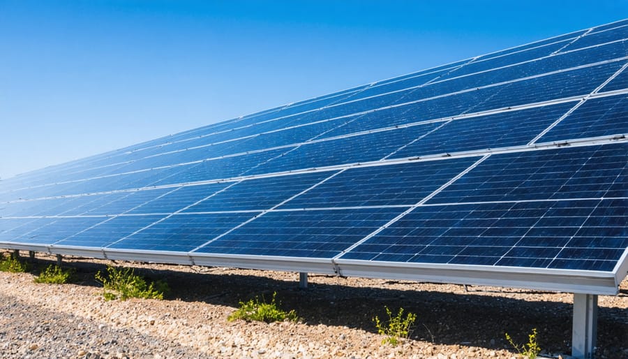 Modern solar panel array on commercial rooftop with city skyline in background