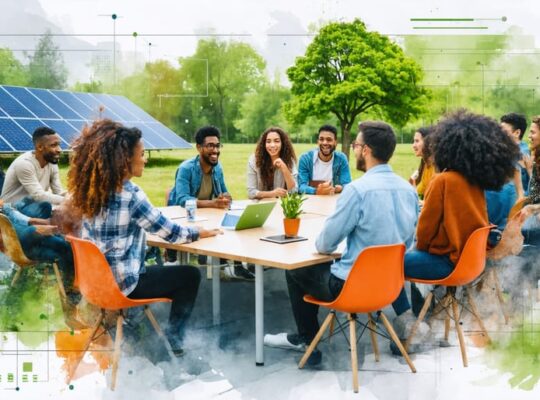 Diverse group of individuals engaged in a passionate town hall meeting about solar energy policies, with solar panels and green symbols in the background.