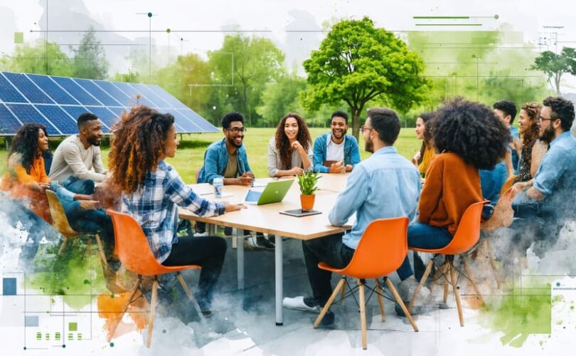 Diverse group of individuals engaged in a passionate town hall meeting about solar energy policies, with solar panels and green symbols in the background.