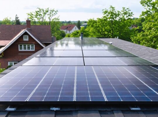 "Solar panels installed on a suburban rooftop, emphasizing community efforts in solar fire safety."