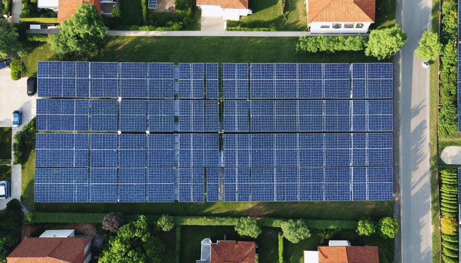 Large solar panel array installed in a residential community showing scale and integration