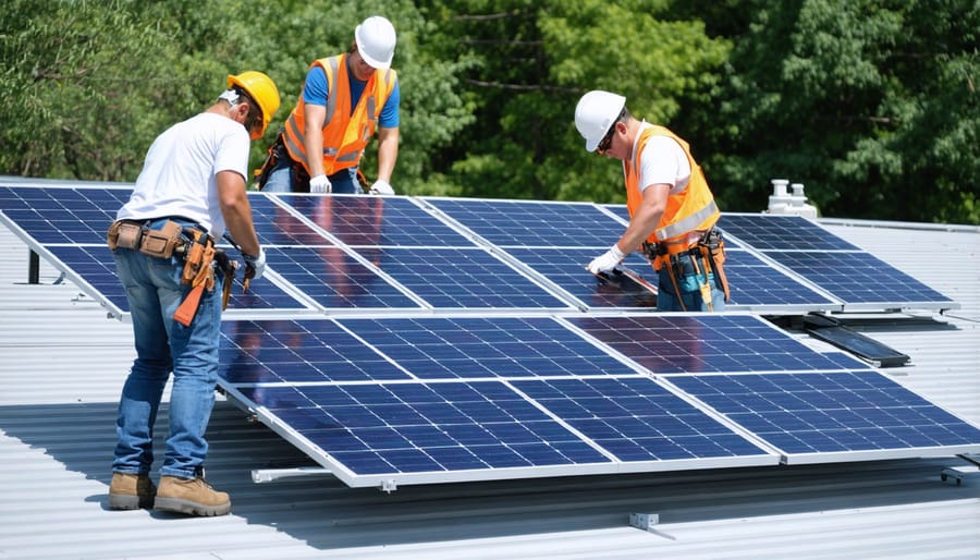Diverse group of volunteers and solar technicians working together on community solar project installation