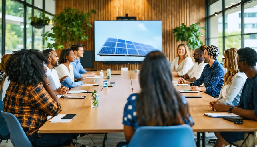Diverse group of community members and engineers collaborating over microgrid plans